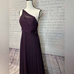 One shoulder floor length gown in eggplant